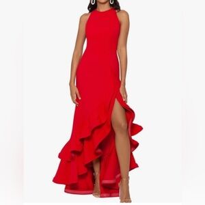 Betsy & Adam Red Halter High-Low Gown With Ruffle Detail Size 12 Made In USA